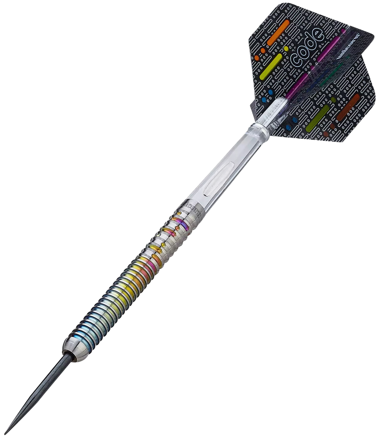 Beschriftete Teile eines Dartpfeils: Flight, Shaft, Barrel, Tip